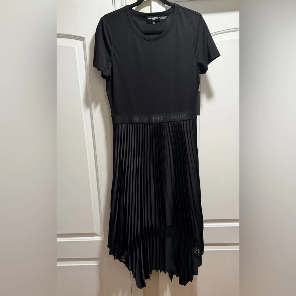 NWT. Karl Lagerfeld Monogramed Mixed-Media Pleated Midi Dress - Picture 6 of 10